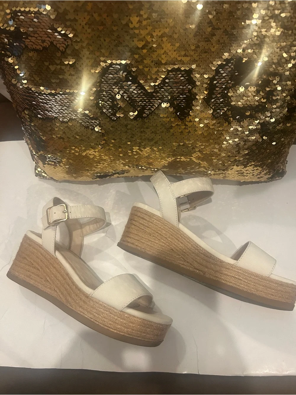Women's White Platform Espadrille Sandals - Ankle Strap